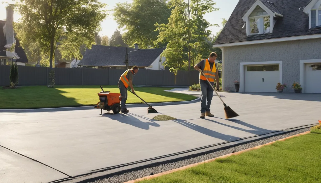 A freshly poured concrete driveway being smoothed beside a home in Lower Burrell