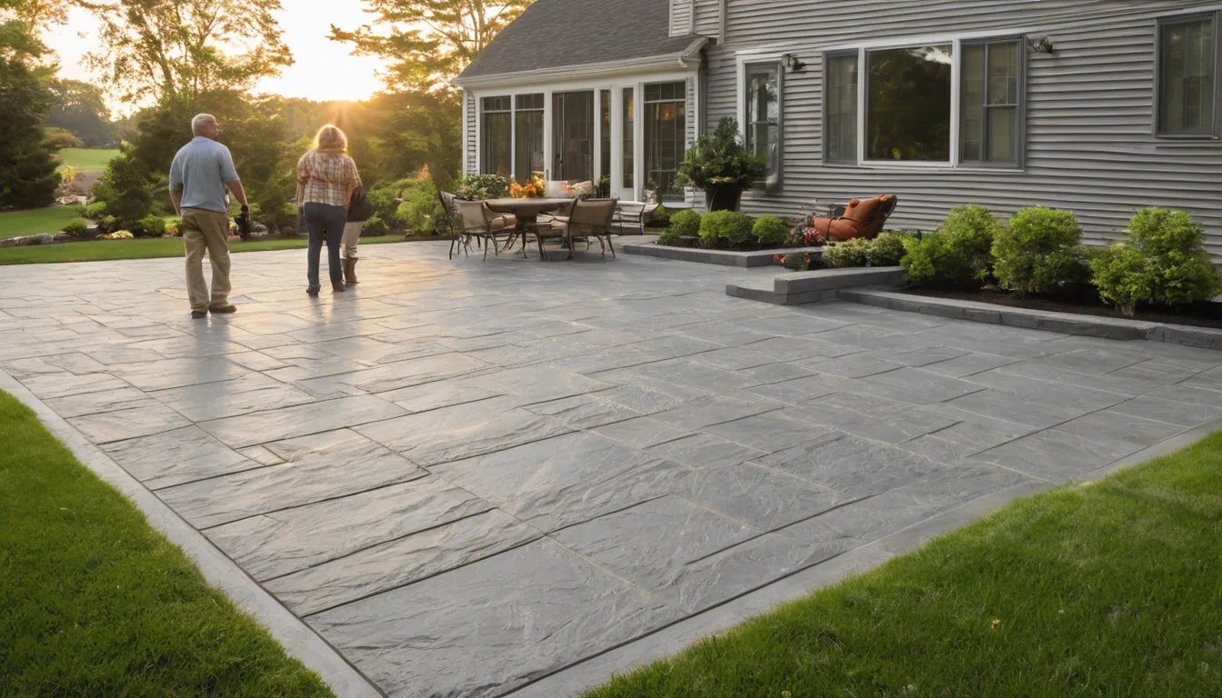 Stamped concrete patio with a slate pattern beside a home in Lower Burrell